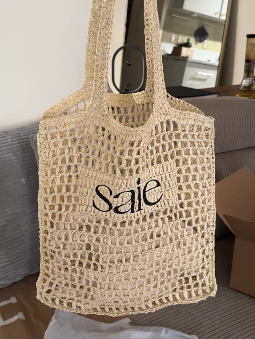 Saie Cream Crochet Tote with Black Logo
